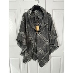 ALTARE Plaid Fringed Poncho Shawl Wrap Black White Gray One Size, NWT